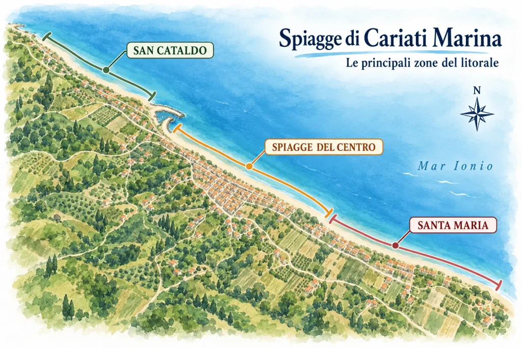 Mappa illustrata delle spiagge di Cariati Marina da San Cataldo a Santa Maria