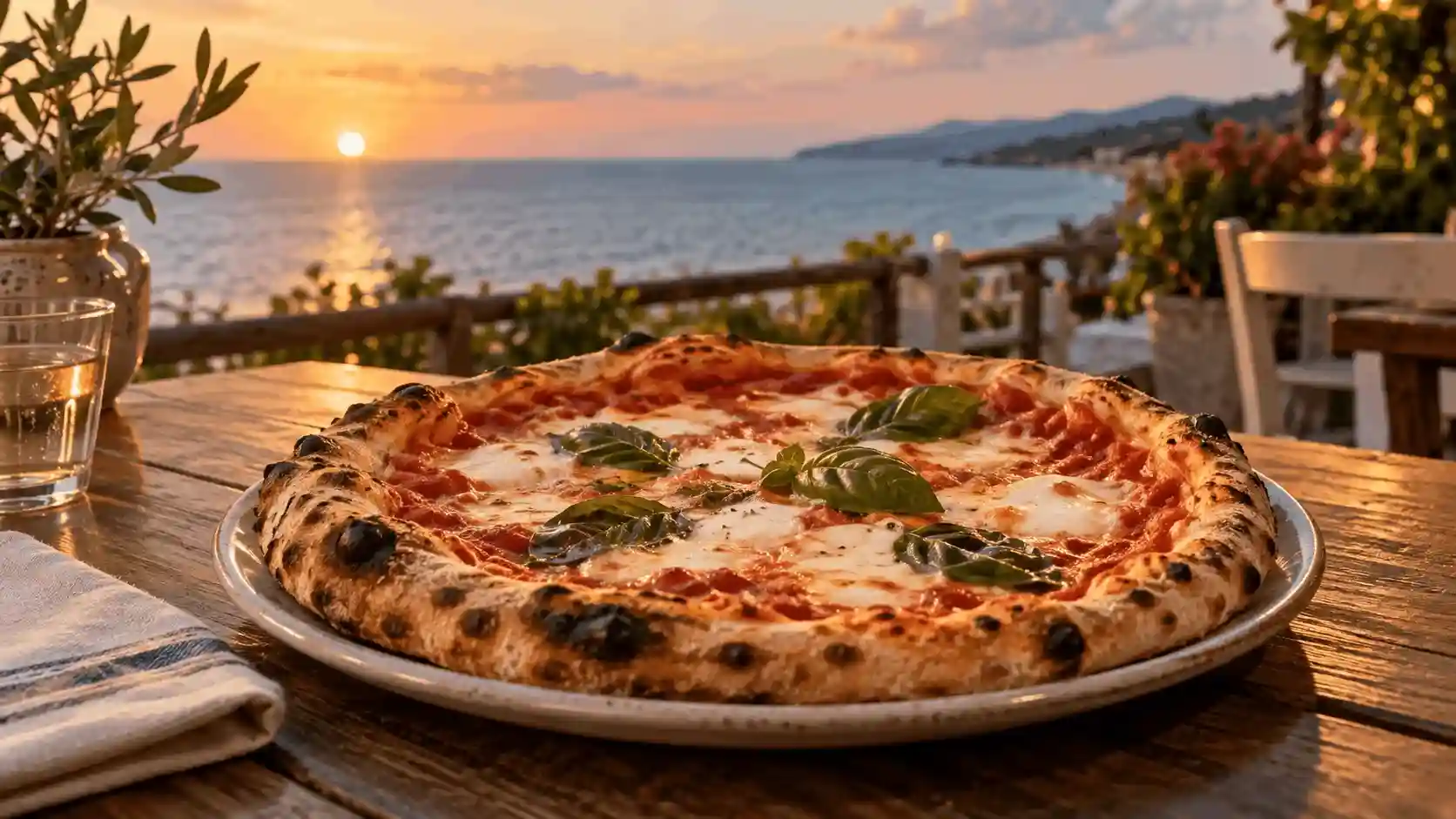 Pizza con pomodoro, mozzarella e basilico su un tavolo affacciato sul mare al tramonto