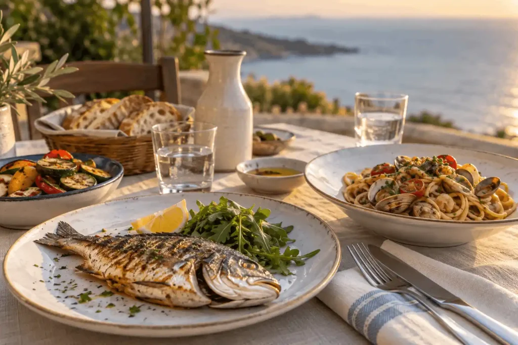 Tavola con pesce alla griglia, pasta ai frutti di mare, verdure e pane affacciata sul mare