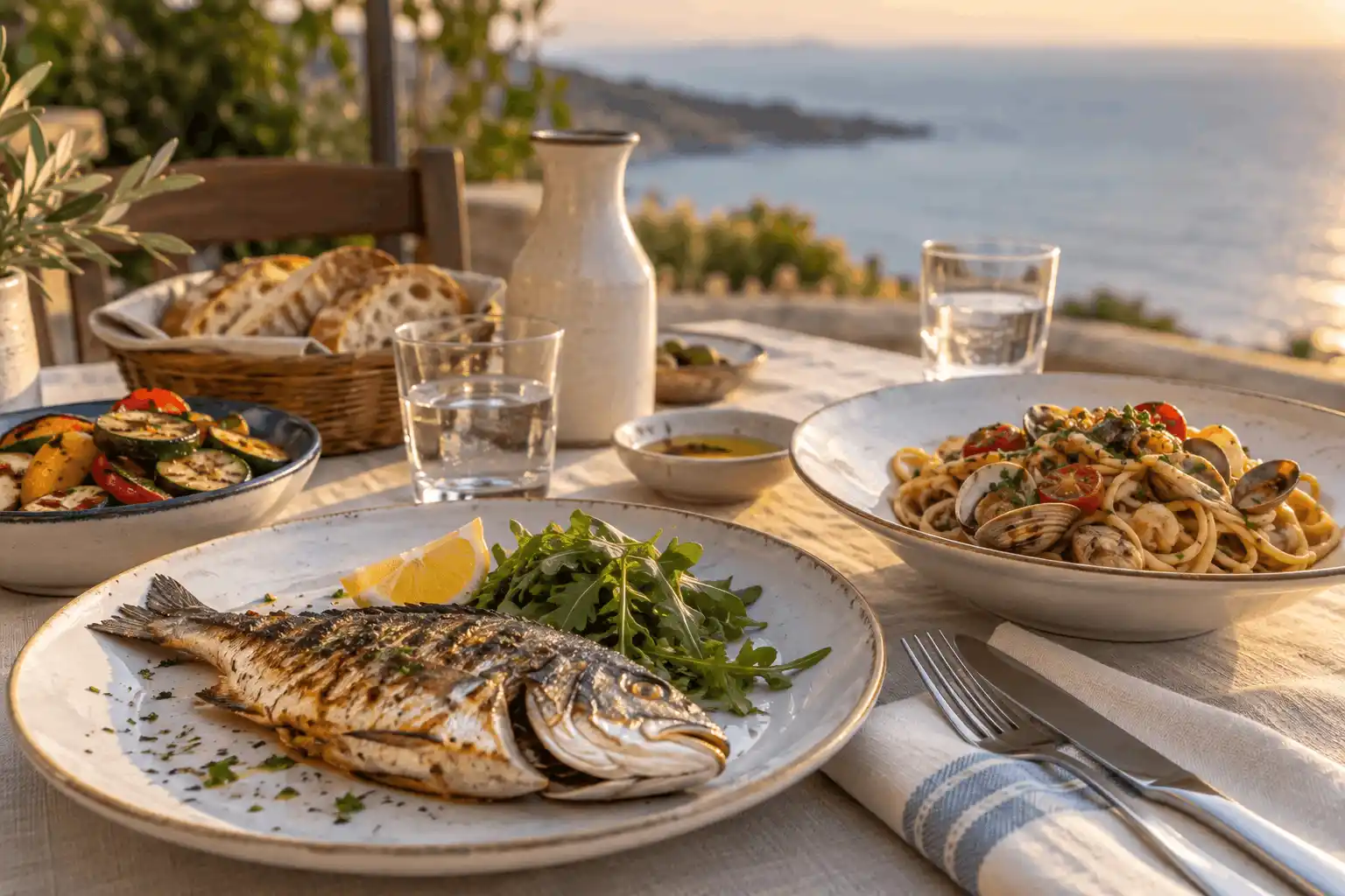 Tavola con pesce alla griglia, pasta ai frutti di mare, verdure e pane affacciata sul mare